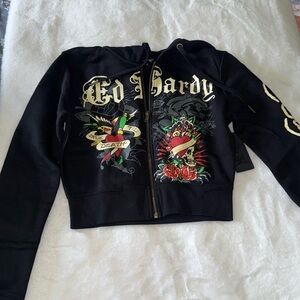 NWT Womens Ed Hardy True Til Death Cropped Black Zip Up Hoodie